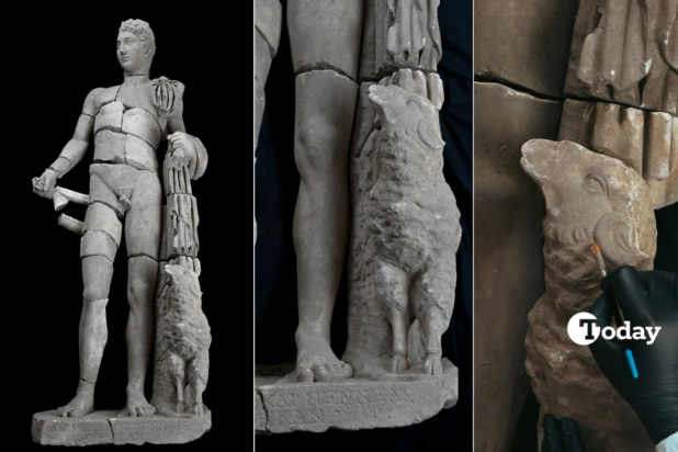 Το άγαλμα του Ερμή, του θεού της φιλοξενίας, της διπλωματίας, των αγώνων και της αστρονομίας, αποκαλύφθηκε σε σπαράγματα και επανασυναρμολογήθηκε στην αποθήκη των ανασκαφών. Φωτογραφία: ΑΑ