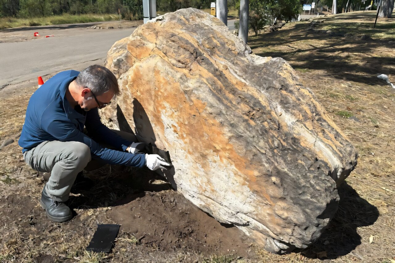 Ο παλαιοντολόγος Άντονι Ρομίλιο επιθεωρεί βράχο με αποτυπώματα δεινοσαύρων, (Φωτογραφία: phys.org).