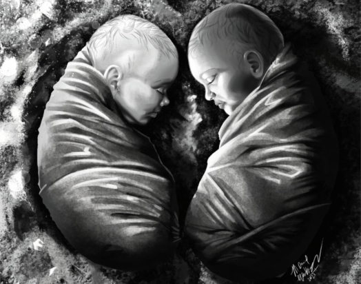 Ζωγραφιά από τα δίδυμα μωρά θαμμένα στο Τρογκίρ. Φωτογραφία: M. Daniel Watkins