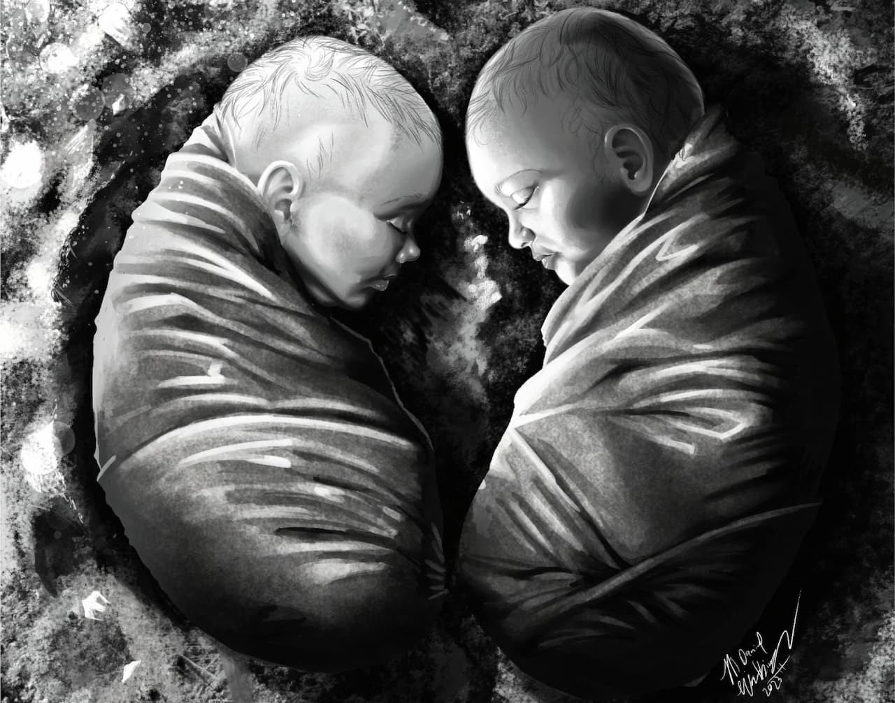 Ζωγραφιά από τα δίδυμα μωρά θαμμένα στο Τρογκίρ. Φωτογραφία: M. Daniel Watkins