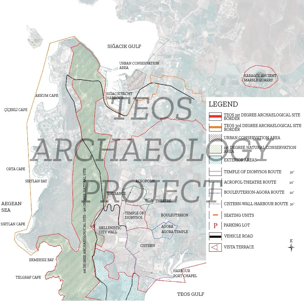 Αναλυτικός χάρτης του αρχαιολογικού προγράμματος για την Τέως, όπου τονίζονται τα σημεία των ανασκαφών, ιστορικές δομές και χώροι συντήρησης στην Τέως. Φωτογραφία: Teos Archaeological Project