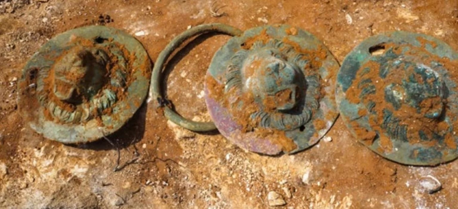 Τρεις από τους δίσκους με τις κεφαλές λιονταριών που ανακαλύφθηκαν στον τύμβο Τ6.Φωτογραφία: A. Peretz