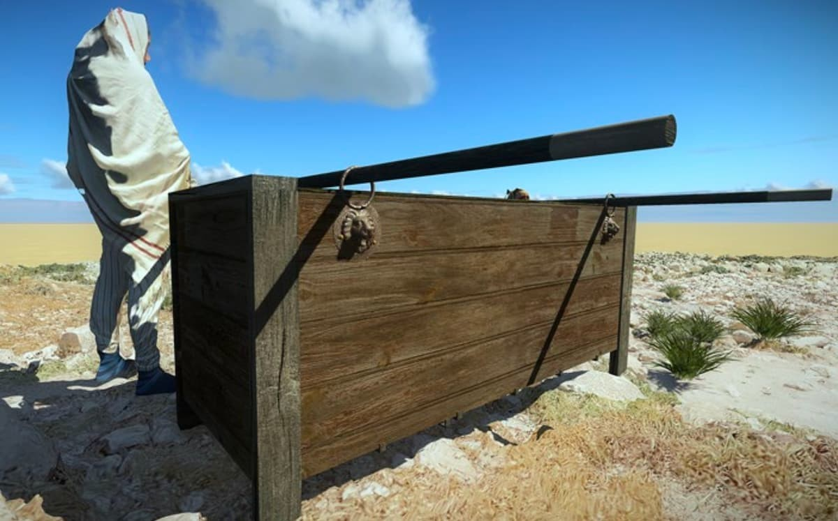 Ανασύνθεση των δίσκων με τις κεφαλές λεόντων, ως λαβές για την μεταφορά του ξύλινου φέρετρου. Φωτογραφία: Y. Shmidov