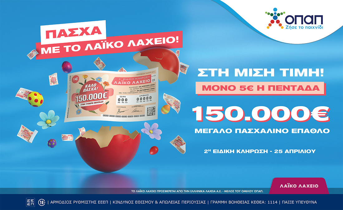 Λαϊκό Λαχείο: Την Παρασκευή 25 Απριλίου η ειδική κλήρωση – Στη μισή τιμή οι διαθέσιμοι λαχνοί και πασχαλινό έπαθλο 150.000 ευρώ στον μεγάλο νικητή