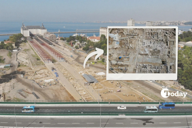 Κολάζ από εναέριες λήψεις του αρχαιολογικού χώρου που ανακαλύφθηκε στον σταθμό της Χαϊντάρ Πασά, στην Κωνσταντινούπολη. Κολάζ: Koray Erdogan/Türkiye Today