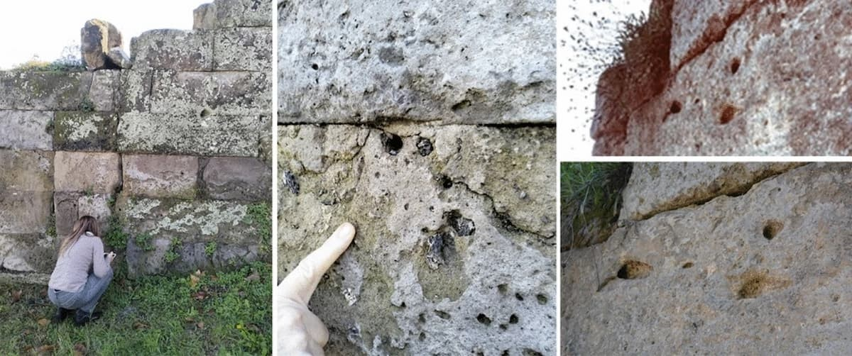 Έρευνα που πραγματοποιήθηκε τον Νοέμβριο του 2023, με την ανακάλυψη πιθανών σημαδιών από βέλη, κοντά και πάνω στην Πύλη του Βεζούβιου. Φωτογραφία: AR