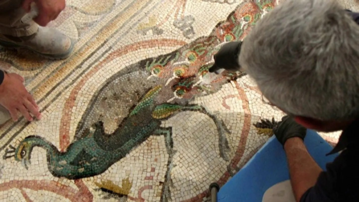 Το μωσαϊκό στο Be’er Shema, ανακαλύφθηκε στη διάρκεια ανασκαφών, το 1990 στο κιμπούτς, Ουρίμ, κοντά στα σύνορα με τη Γάζα. Φωτογραφία: Ισραηλινή Αρχή Αρχαιοτήτων 