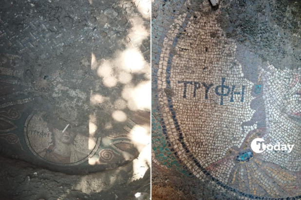 Επιγραφή και αναπαράσταση της Τρύφης σε ρωμαϊκό μωσαϊκό 2.000 ετών που ανακαλύφθηκε σε αμπελώνα της Ευδοκιάδας (Τοκάτ) στην Τουρκία, τον Μάιο του 2025. Φωτογραφία: ΙΗΑ