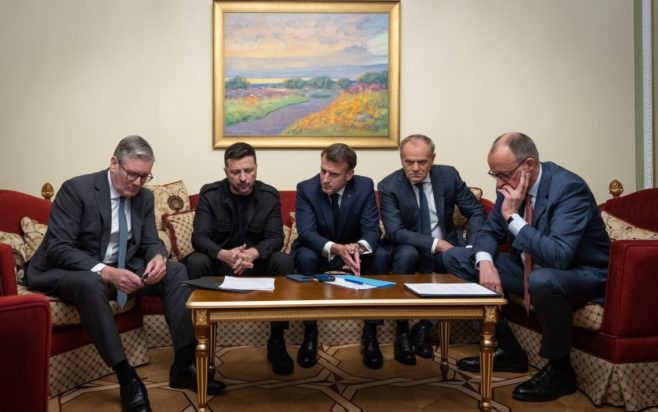 Κιρ Στάρμερ, Βολοντίμιρ Ζελένσκι, Εμανουέλ Μακρόν, Ντόναλντ Τουσκ Φρίντριχ Μερτς