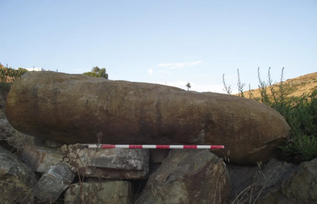 Μία από τις κάθετες πέτρες που ανακάλυψε η ομάδα, η οποία μπορεί να οριοθετούσε την περιοχή. Φωτογραφία: Hamza Benattia