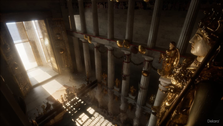 Το φως έμπαινε μέσα από την πόρτα του ναού το πρωί της ημέρας των Παναθηναίων και αντανακλούσε στο άγαλμα και τις λιμνούλες νερού.