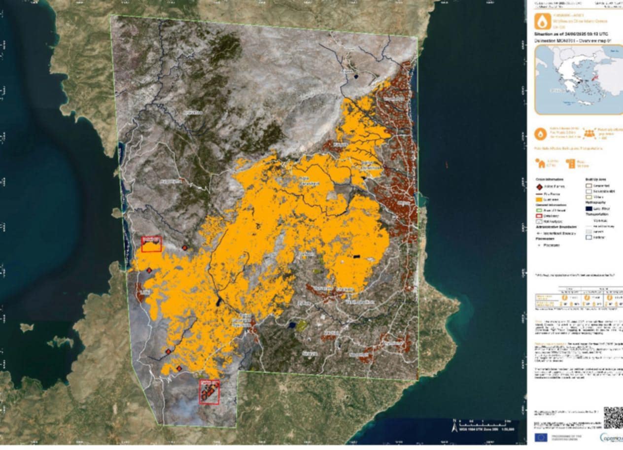 Σε ύφεση η φωτιά στη Χίο: Στάχτη πάνω από 40.000 στρέμματα – Δείτε τον χάρτη από τον δορυφόρο Pleiades