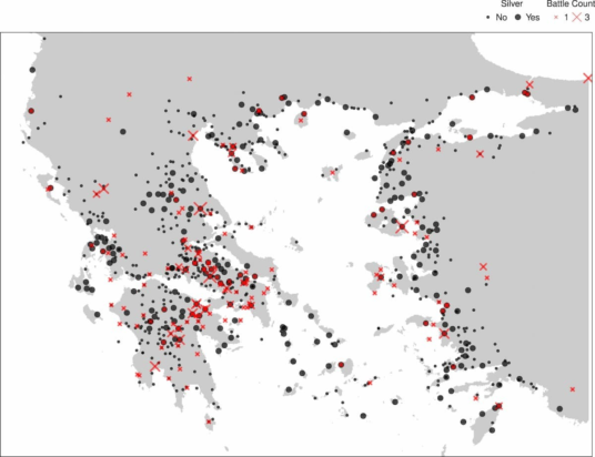 Ο χάρτης απεικονίζει τη χωροταξική κατανομή των πόλεων - κρατών της Ελλάδας με σημάδια για τις περιοχές όπου κοβόταν ασημένιο νόμισμα. Απεικονίζεται ακόμη, η χωροταξική κατανομή των μαχών. Φωτογραφία: J. Adamson