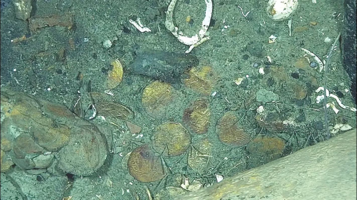 Τα νομίσματα που εξετάστηκαν με τη χρήση τηλεχειριζόμενου οχήματος στο ναυάγιο.