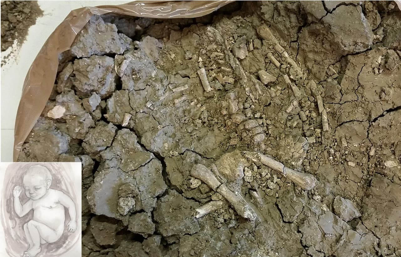 O περιγεννητικός σκελετός ενός βρέφους που ανακαλύφθηκε σ' ένα κομμάτι εδάφους, μεταφέρθηκε στο εργαστήριο και η ανασύνθεση της ταφής του. Φωτογραφία: V. Mariotti et al. / V. Tanganelli, from Govi 2021