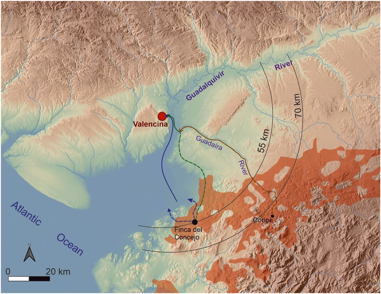 Χάρτης που απεικονίζει την κατά προσέγγιση τοποθεσία της εκβολής του Γουαδαλκιβίρ την 4η χιλιετία π.Χ., με την επισήμανση, σε κόκκινο, των γύψινων προεξοχών και των αποστάσεων προς το μέγα - σημείο της Βαλενθίνα και των πιθανών διαδρομών. Φωτογραφία:: Francisco Sánchez Díaz / L.M. Cáceres Puro
