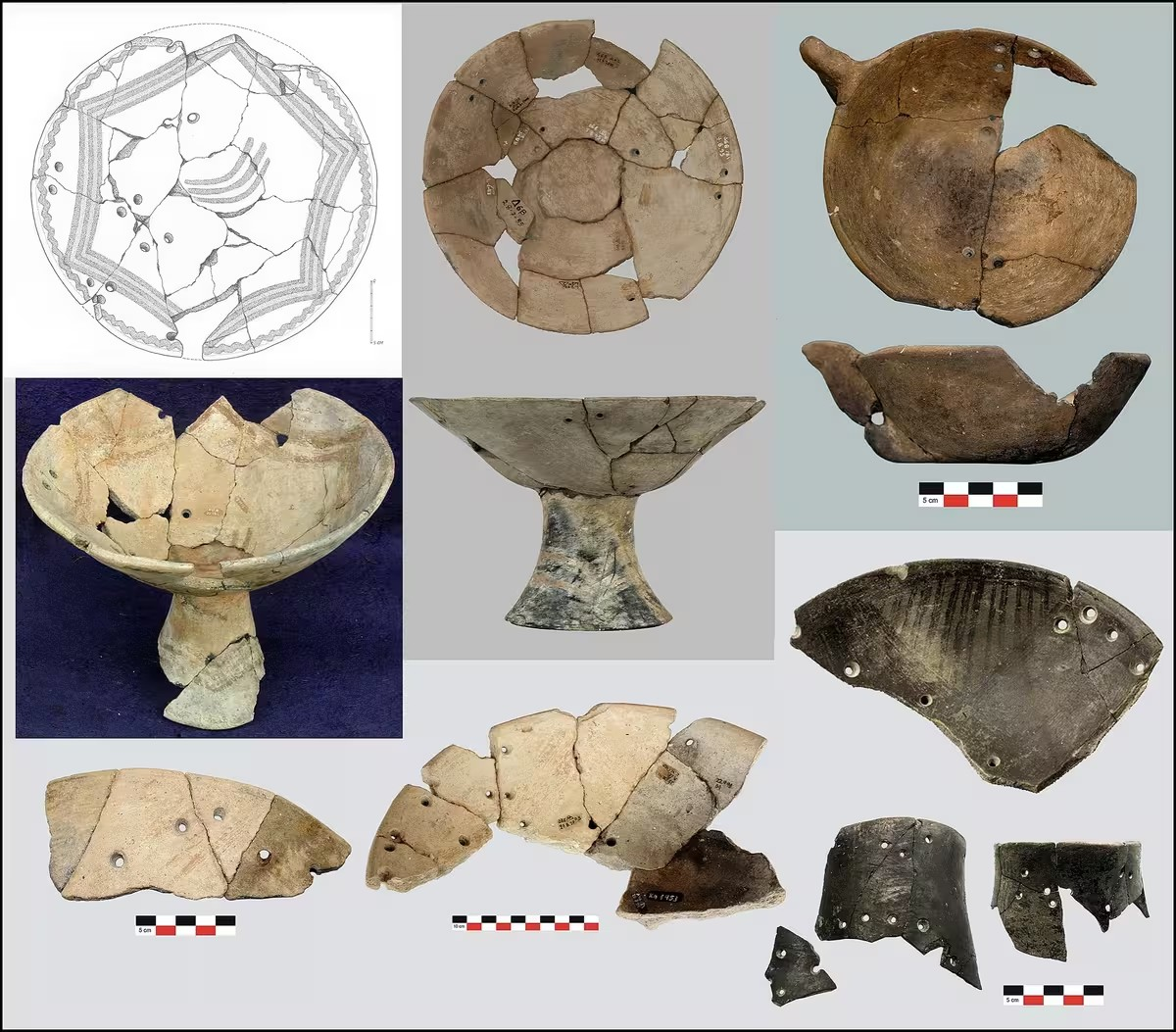 Τα πολύ ραγισμένα ή τα σπασμένα αγγεία και τα θραύσματα, επιδιορθώνονταν διανοίγοντας τρύπες. Σκίτσο: I. Jaloshnja, Φωτογραφία: E. Βούλγαρη 