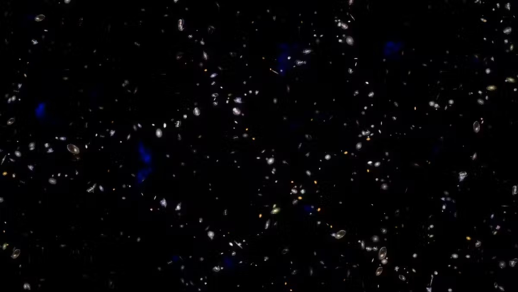 Η ψηφιακή αυτή απεικόνιση εξερευνά τα κοσμικά μοτίβα που σχηματίστηκαν από τις πρωταρχικές ηχητικές κυματισμούς, με φόντο το βαθύ διάστημα και γαλαξίες διαφόρων φωτεινοτήτων διάσπαρτους στον κυρίως μαύρο καμβά με πινελιές κόκκινου και γκρίζου. Στο κέντρο, ένα μπλε κυκλικό μοτίβο τονίζει την βαρυτική επιρροή των πρώιμων ηχητικών κυμάτων, με γαλαξίες συγκεντρωμένους γύρω από αυτόν τον δακτύλιο, αποδεικνύοντας πώς η διαστολή του Σύμπαντος έχει εξελιχθεί με την πάροδο του χρόνου, ενώ οι άλλοι γαλαξίες εμφανίζονται σβησμένοι για να διευκολυνθεί η ορατότητα του φαινομένου. Φωτογραφία: NASA