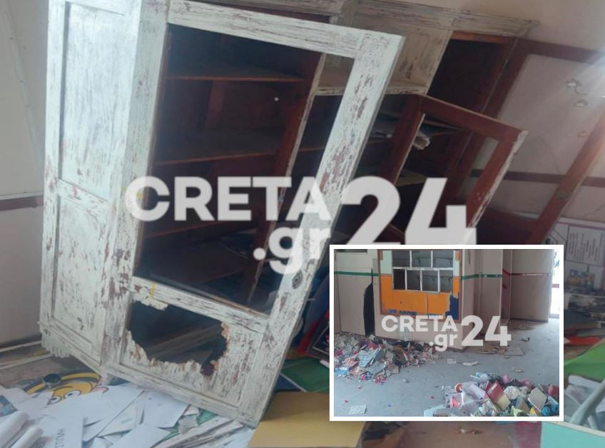 Αρκαλοχώρι: Εικόνα εγκατάλειψης στο σεισμόπληκτο σχολείο – Σπασμένες πόρτες, παράθυρα και σκουπίδια – ΦΩΤΟ
