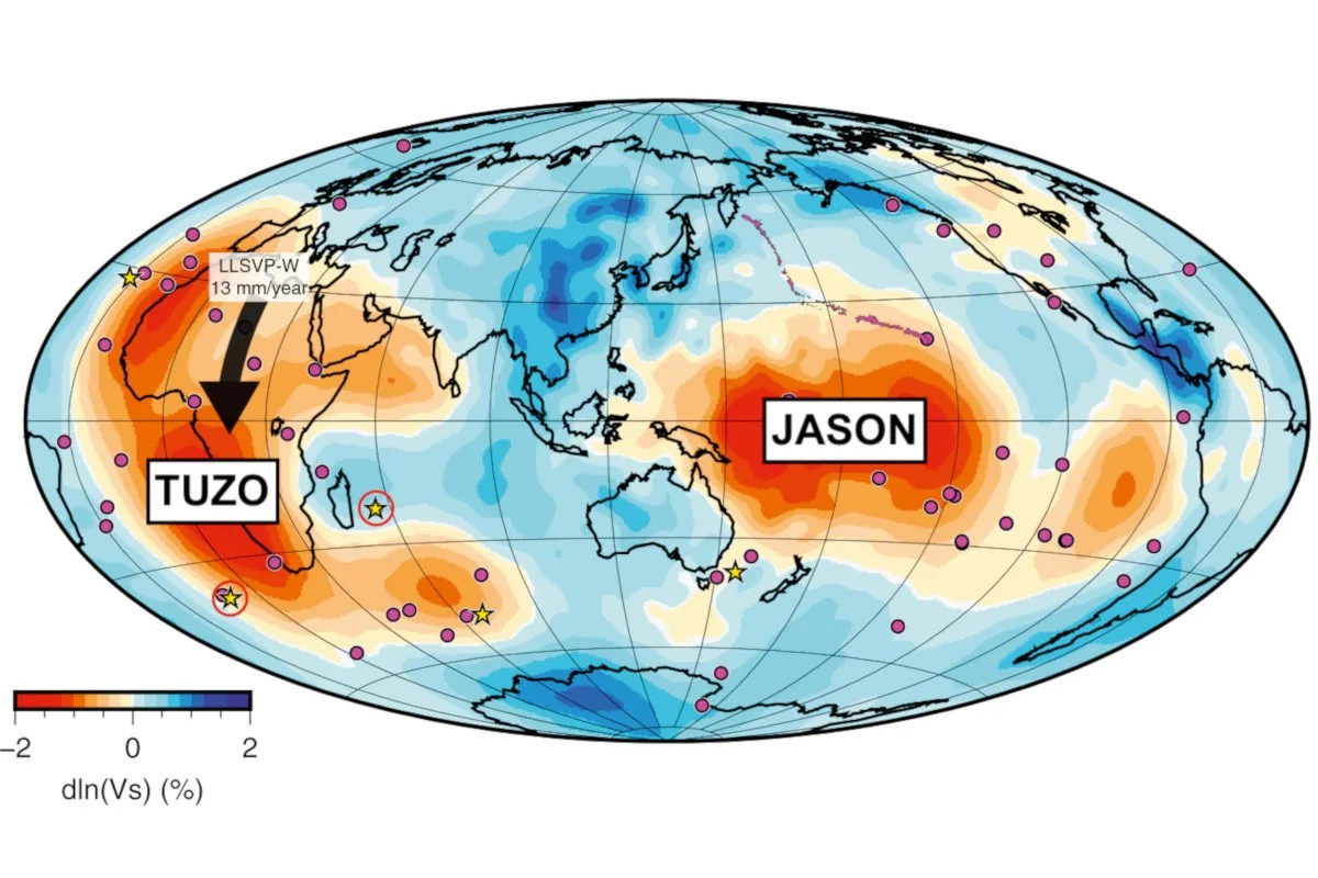Απεικόνιση χάρτη που δείχνει τις κατά προσέγγιση θέσεις των δύο μεγάλων, χαμηλής ταχύτητας επαρχιών Tuzo και Jason (η Tuzo είναι στα δυτικά και η Jason ανατολικά). Φωτογραφία: Richard K Bono/John A Tarduno/Hans-Peter Bunge