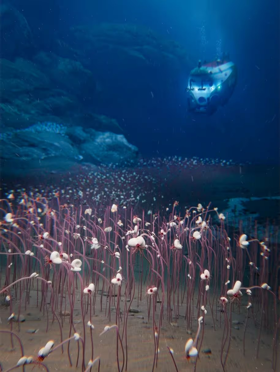 Το υποβρύχιο όχημα που χρησιμοποιήθηκε και o γιγαντιαίος πολύχαιτος. Φωτογραφία: IDSSE / Chinese Academy of Sciences