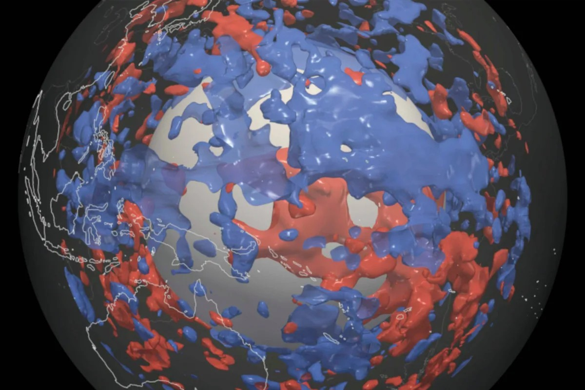 Μία πρόσφατη μελέτη, έδειξε πώς, οι διαφορετικές πυκνότητες του υλικού στον κατώτερο μανδύα της Γης, επηρεάζουν την ταχύτητα με την οποία περνούν από το εσωτερικό του τα σεισμικά κύματα - πιο αργά στις κόκκινες περιοχές αλλά γρηγορότερα μέσα από τις μπλε. Φωτογραφία: ETH Zurich