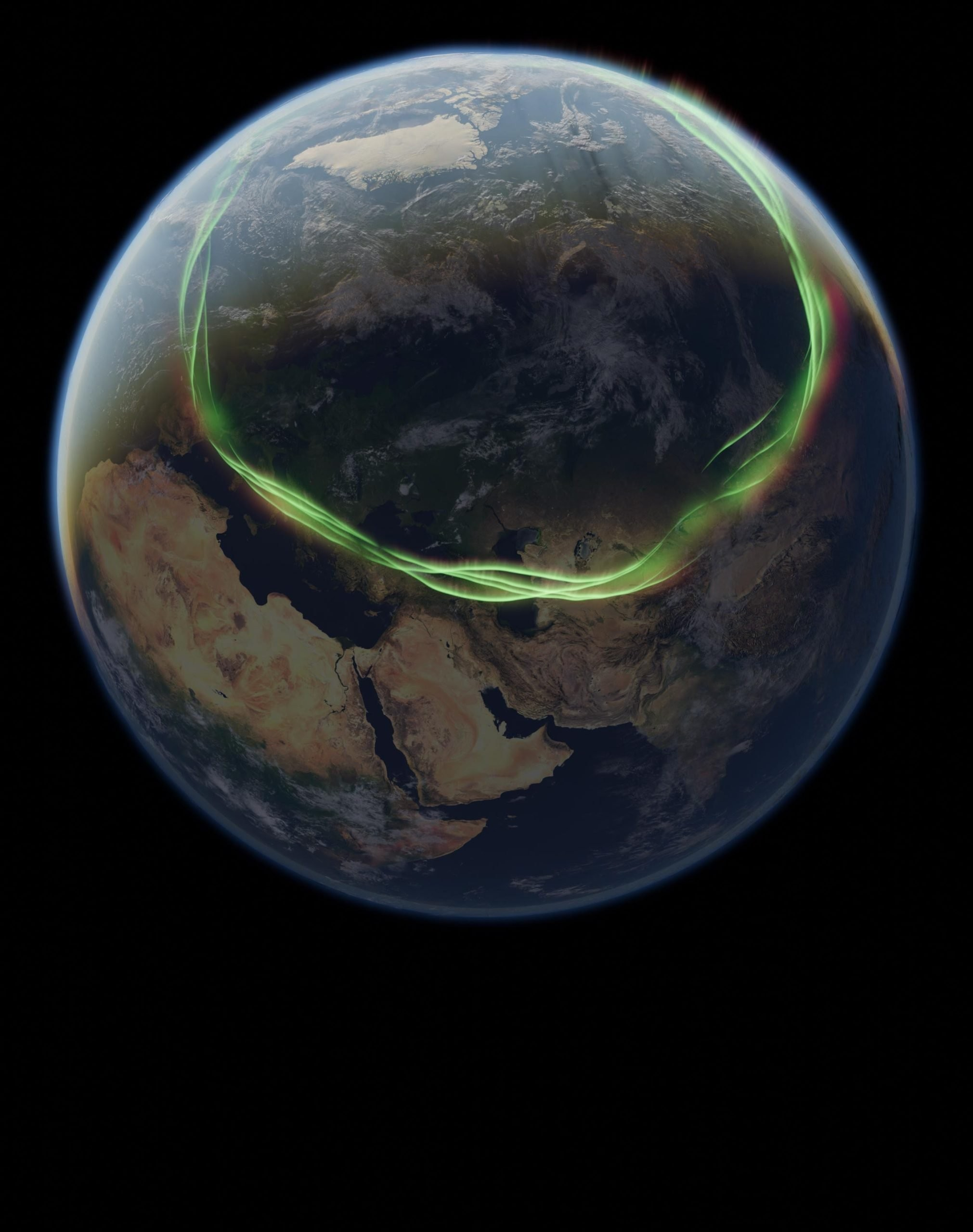 Καλλιτεχνική απεικόνιση των χαμηλότερων γεωγραφικών πλατών που μπορεί να είχε φτάσει η αουρόρα στη διάρκεια της Εκτροπής του Laschamps. Φωτογραφία: Maximilian Schanner (GFZ Helmholtz Centre for Geosciences, Potsdam, Germany)