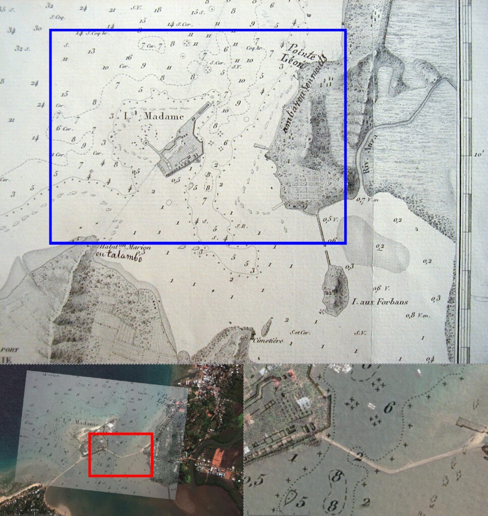 Χάρτες που δείχνουν την περιοχή αρχαιολογικής έρευνας κοντά στο Îlot Madame μέσα στον κόλπο Ambodifotatra. Φωτογραφία: https://shipwreckcenter.org/