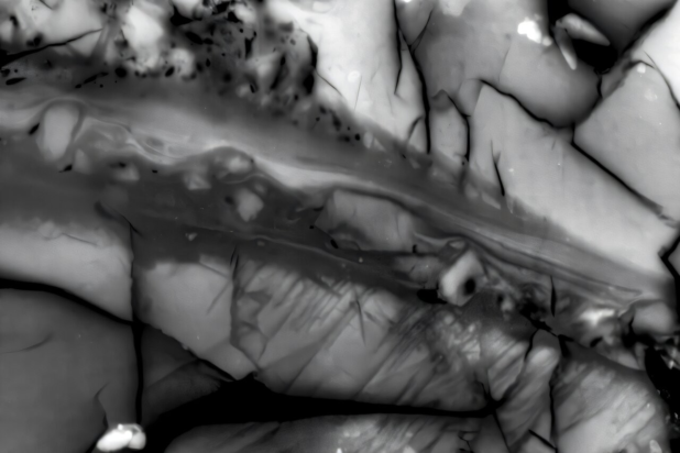 Η φωτομικρογραφία από μικροσκόπιο ηλεκτρονικών σκάνερ αναδεικνύει μια περιοχή βράχου που υπέστη ολίσθηση κατά τη διάρκεια ενός σεισμού που προκλήθηκε στο εργαστήριο. Η κεντρική περιοχή, η οποία έχει μια "ρευστή" εμφάνιση, αντιπροσωπεύει ένα κομμάτι του βράχου που λιώθηκε και μετατράπηκε σε γυαλί λόγω της έντονης θερμότητας από την τριβή. Φωτογραφία: AGU Advances (2025). DOI: 10.1029/2025av001683