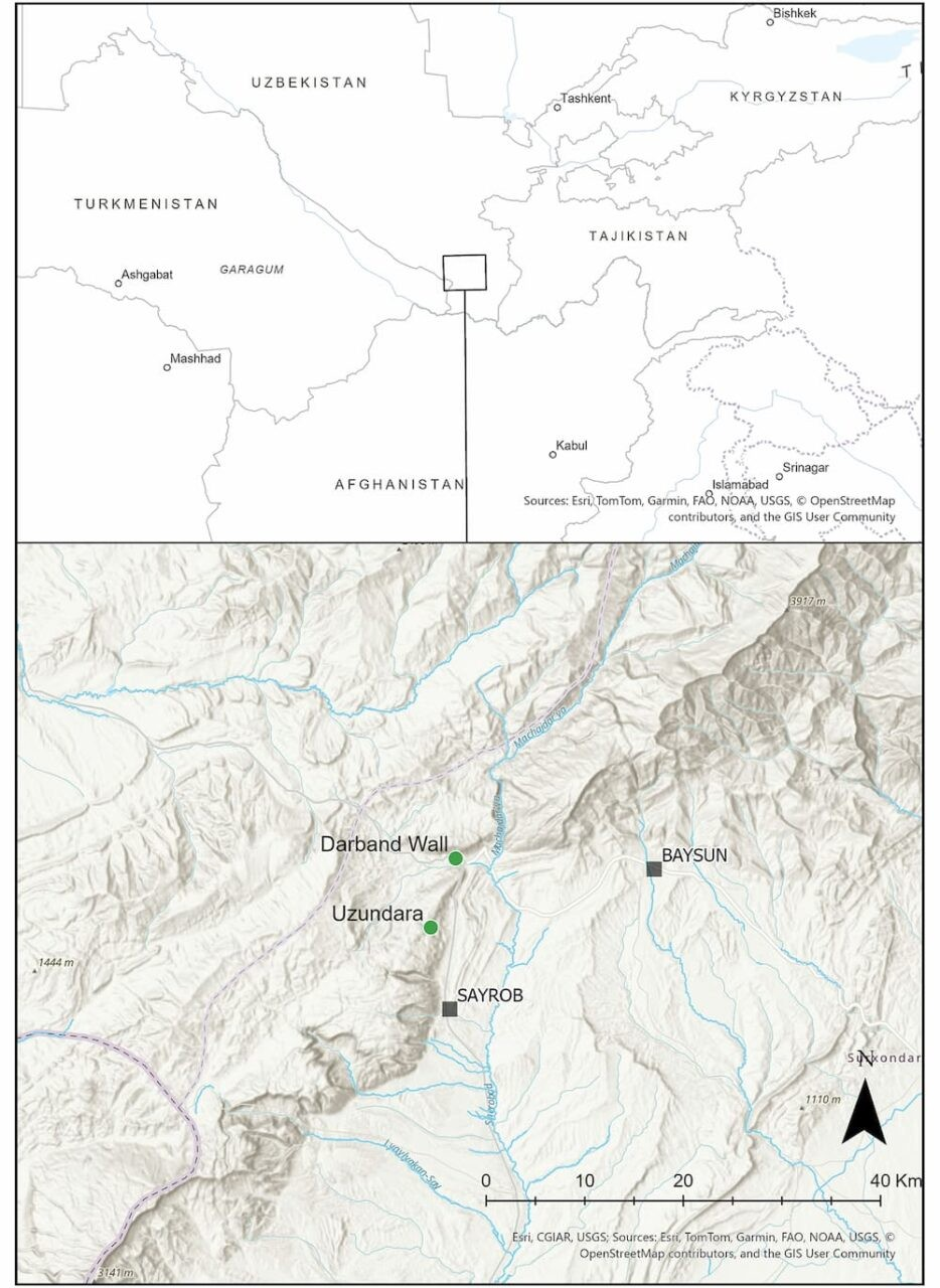 Τοποθεσία του Τείχους του Νταρμπάντ και του φρουρίου Ουζουντάρα στην περιοχή Μπαϊσούν, στο νότιο Ουζμπεκιστάν. Πηγή: L. Stančo