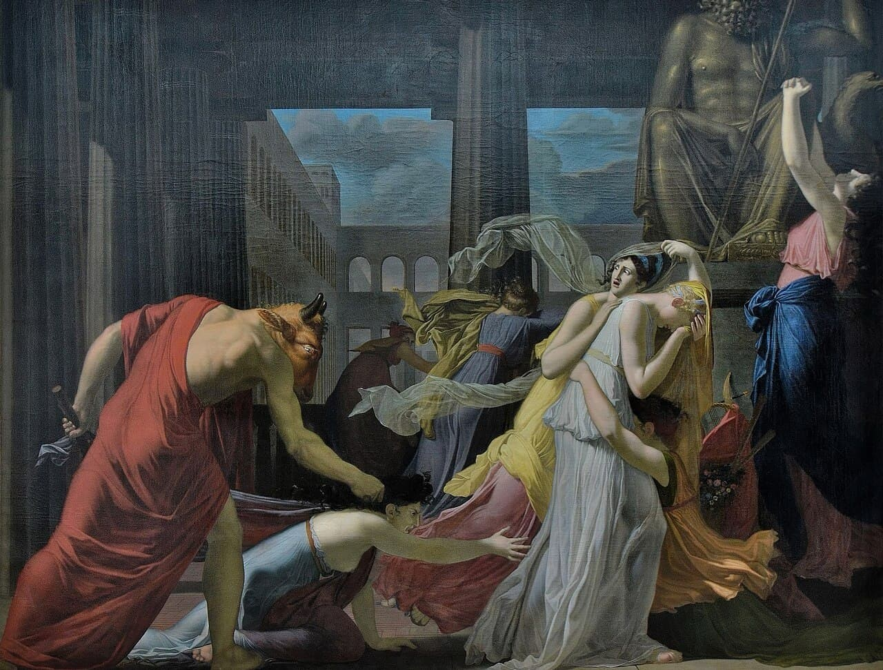 Οι Επτά Αθηναίες θύματα του Μινώταυρου του Jean-Baptiste Peytavin (1802) Credit: Patrick / Wikimedia Commons