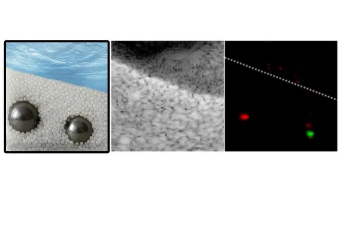 Αριστερά: Καλλιτεχνική απεικόνιση μεταλλικών σφαιρών θαμμένων σε μικρές γυάλινες χάντρες. Στη μέση: Συμβατική εικόνα υπερήχων. Δεξιά: Με την νέα τεχνολογία, οι θέσεις των μεταλλικών σφαιρών μπορούν να προσδιοριστούν με ακρίβεια. Φωτογραφία: TU Wien / Arthur Le Ber