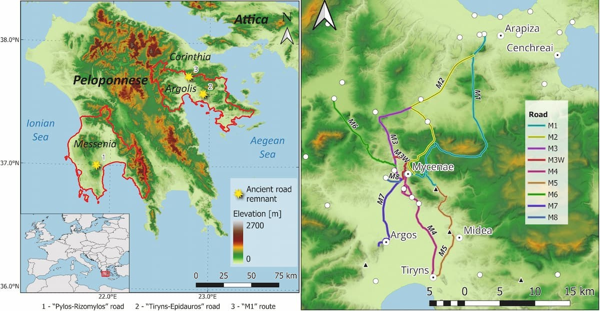 Χάρτης της περιοχής μελέτης με τις σημειωμένες θέσεις των απομειναριών των αρχαίων δρόμων, και Χάρτης της Αργολίδας με περιγεγραμμένες τις διαδρομές του Lavery. Φωτογραφία: Jovan Kovačević