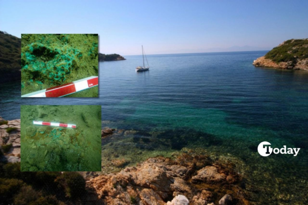 Κολάζ που συνδυάζει εικόνες από το σύγχρονο τοπίο του Κόλπου Τσαμλιμάνι (Camlimani Bay) στη Χάλκη (Heybeliada) και υποβρύχιες φωτογραφίες του βυθού της θάλασσας με λεκέδες χαλκού, όπου ταυτοποιήθηκε η υποτιθέμενη πηγή του «χαλκουργήματος του δύτη» του Αριστοτέλη. Κολάζ φωτογραφιών από την ομάδα του Türkiye Today