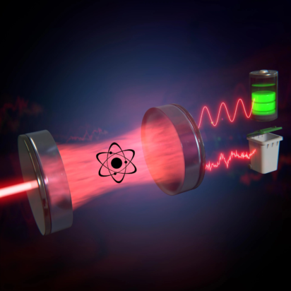 Όταν το φως λέιζερ περνά μέσα από μια κοιλότητα γεμάτη με άτομα, ένα μέρος του μπορεί να κάνει χρήσιμη εργασία (π.χ., να φορτίσει μια κβαντική μπαταρία, επάνω), ενώ το άλλο μέρος μετατρέπεται σε «θερμότητα» (κάτω). Φωτογραφία: Enrique Sahagún, Scixel / University of Basel, Department of Physics