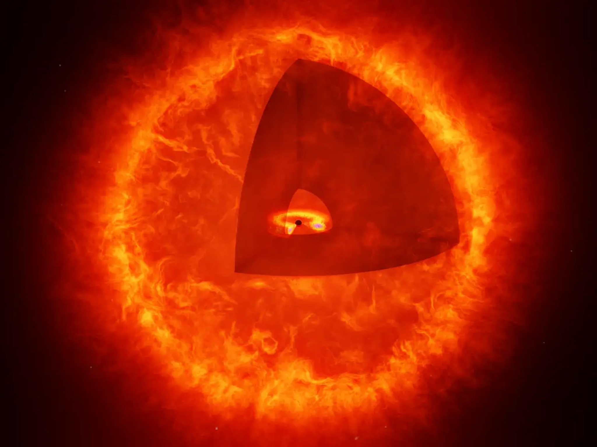 Καλλιτεχνική απεικόνιση ενός αστέρα μαύρης τρύπας (όχι σε κλίμακα). Μυστηριώδεις μικροσκοπικές κουκκίδες φωτός που ανακαλύφθηκαν στην αυγή του σύμπαντος μπορεί να είναι γιγάντιες σφαίρες θερμού αερίου, τόσο πυκνές που μοιάζουν με τις ατμόσφαιρες τυπικών αστέρων που κινούνται με πυρηνική σύντηξη. Ωστόσο, αντί για σύντηξη, τροφοδοτούνται από υπερμεγέθεις μαύρες τρύπες στο κέντρο τους, οι οποίες έλκουν γρήγορα ύλη, τη μετατρέπουν σε ενέργεια και εκπέμπουν φως. Φωτογραφία: T. Müller/A. de Graaff/Max Planck Institute for Astronomy