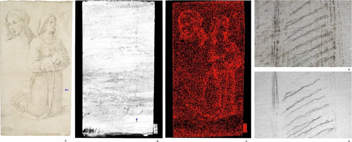  Περουτζίνο, Μελέτη ενός Γονατισμένου Νέου, 1500. α) Εικόνα ορατού φωτός, όπου το μπλε βέλος υποδεικνύει τη θέση των λεπτομερειών που φαίνονται στα (δ) και (ε). β) Χάρτης κατανομής Ασβεστίου (Ca, λευκό) που δείχνει τις πινελιές στην εφαρμογή του παρασκευάσματος στάχτης οστών, όπου το μπλε βέλος υποδεικνύει εγχαράξεις της μεταλλικής γραφίδας στο στρώμα προετοιμασίας, όπως απεικονίζεται στο Σχ. 8. γ) Χάρτης κατανομής Υδραργύρου (Hg, κόκκινο) που αντικατοπτρίζει τη χρήση αμαλγαματωμένης γραφίδας αργύρου (Ag). δ) Λεπτομέρεια εικόνας ορατού φωτός, που δείχνει γραμμές από μεταλλική γραφίδα (καφέ) και από το μαύρο μέσο με βάση τον Άνθρακα (C-based, μαύρο). ε) Λεπτομέρεια υπέρυθρης εικόνας που αντιστοιχεί στην ίδια περιοχή με το (δ), η οποία απεικονίζει το μαύρο μέσο με βάση τον Άνθρακα και τη διαφάνεια της μεταλλικής γραφίδας αμαλγάματος αργύρου (Ag). Η προσεκτική εξέταση των πινελιών δείχνει πώς ο Περουτζίνο χειρίστηκε τον χαρακτήρα του σχεδίου μέσω της γωνίας και της πίεσης εφαρμογής. Πηγή: The Metropolitan Museum of Art, Νέα Υόρκη, Κληροδότημα Walter C. Baker, 1971 (1972.118.265) 
