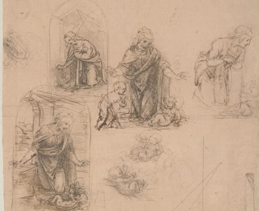 Λεονάρντο Ντα Βίντσι, λεπτομέρεια από το έργο Σκίτσα Σύνθεσης για την Παρθένο που Προσκυνά το Χριστό-Παιδί (όρθια όψη), 1480–85. Φωτογραφία: The Metropolitan Museum of Art, Νέα Υόρκη, Rogers Fund, 1917 (17.142.1)