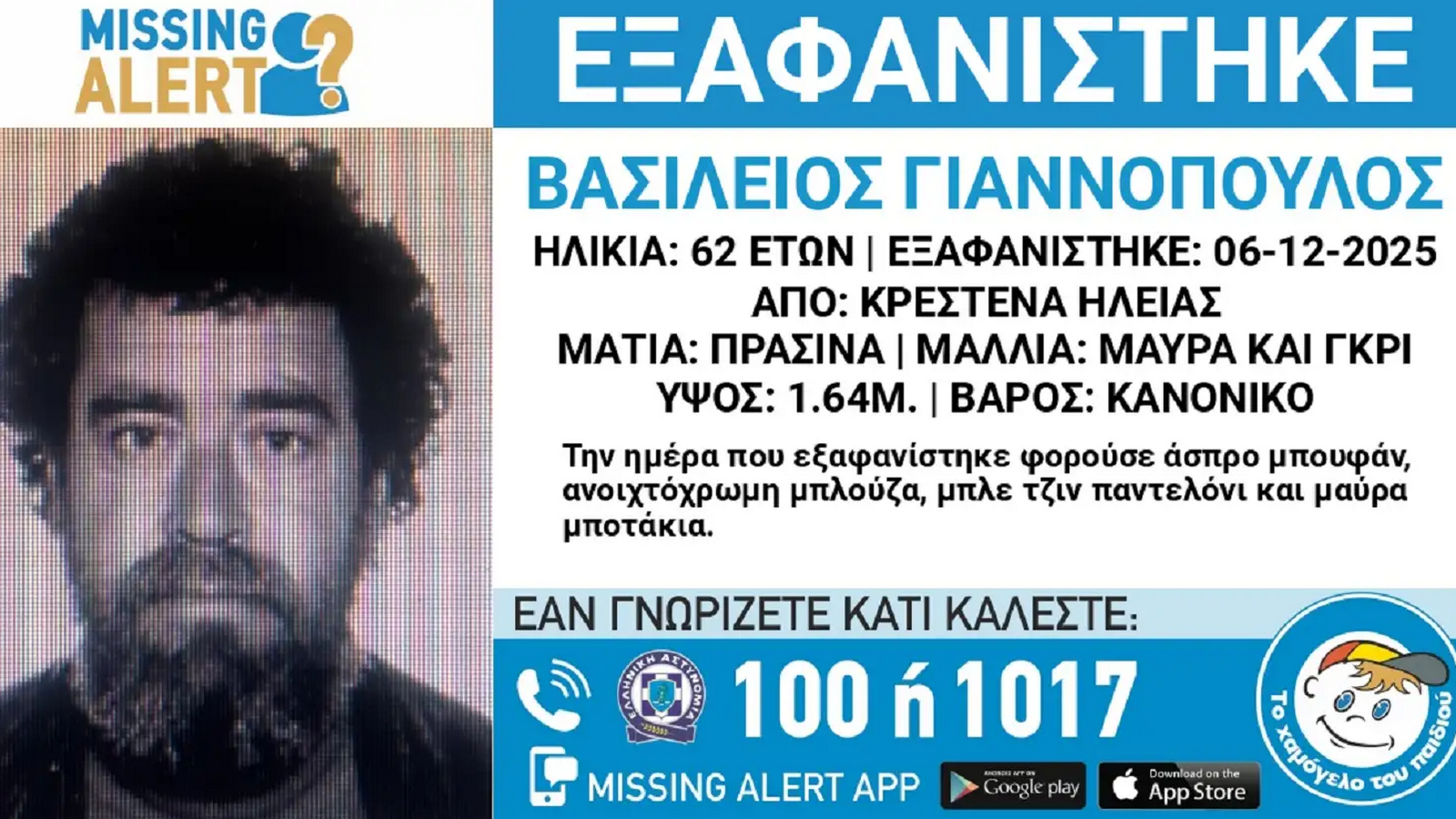 Ηλεία: Εξαφανίστηκε ο 62χρονος Βασίλης, από τα Κρέστενα – Συναγερμός στις Αρχές