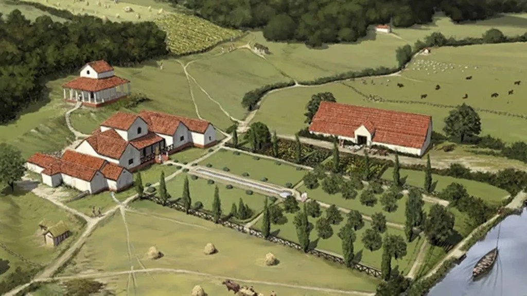 Αυτό το σχέδιο δείχνει πώς μπορεί να έμοιαζε η έπαυλη Lullingstone στο Κεντ στα τέλη του 4ου αιώνα - η έπαυλη του Margam ενδέχεται να ήταν παρόμοια. Φωτογραφία: BBC