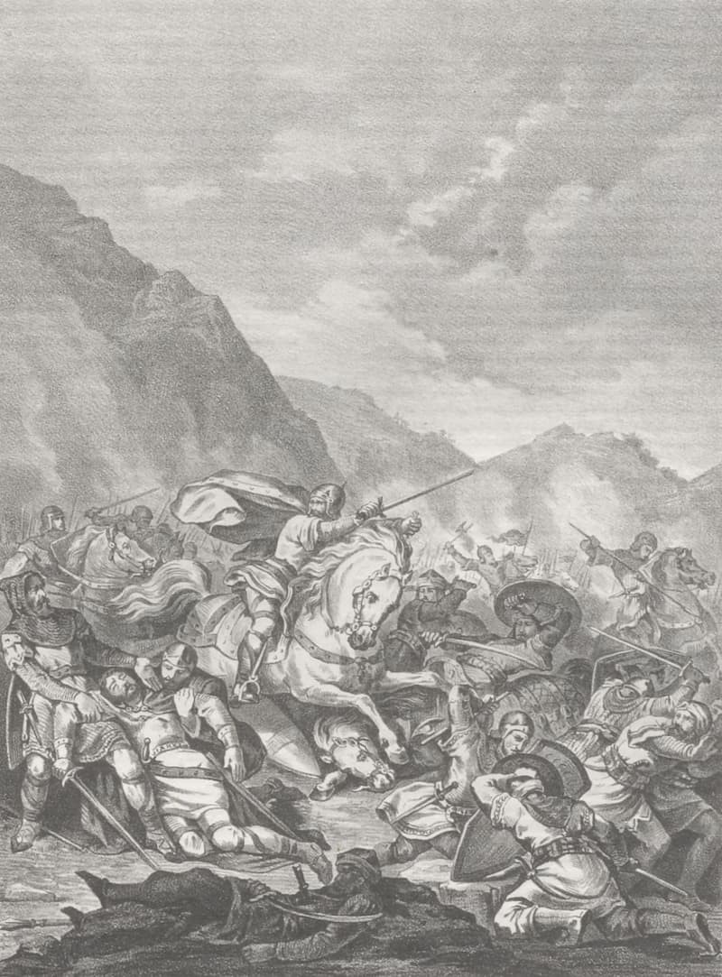 Ο κόμης Ραμόν Μπορέλ (Ramón Borrell) και οι δυνάμεις του μαχόμενοι εναντίον των στρατιών της Αλ-Άνταλους (al-Andalus), σε εικονογράφηση του Josep Serra i Porsón. Πηγή: Κοινό κτήμα (Public domain) / Wikimedia Commons 