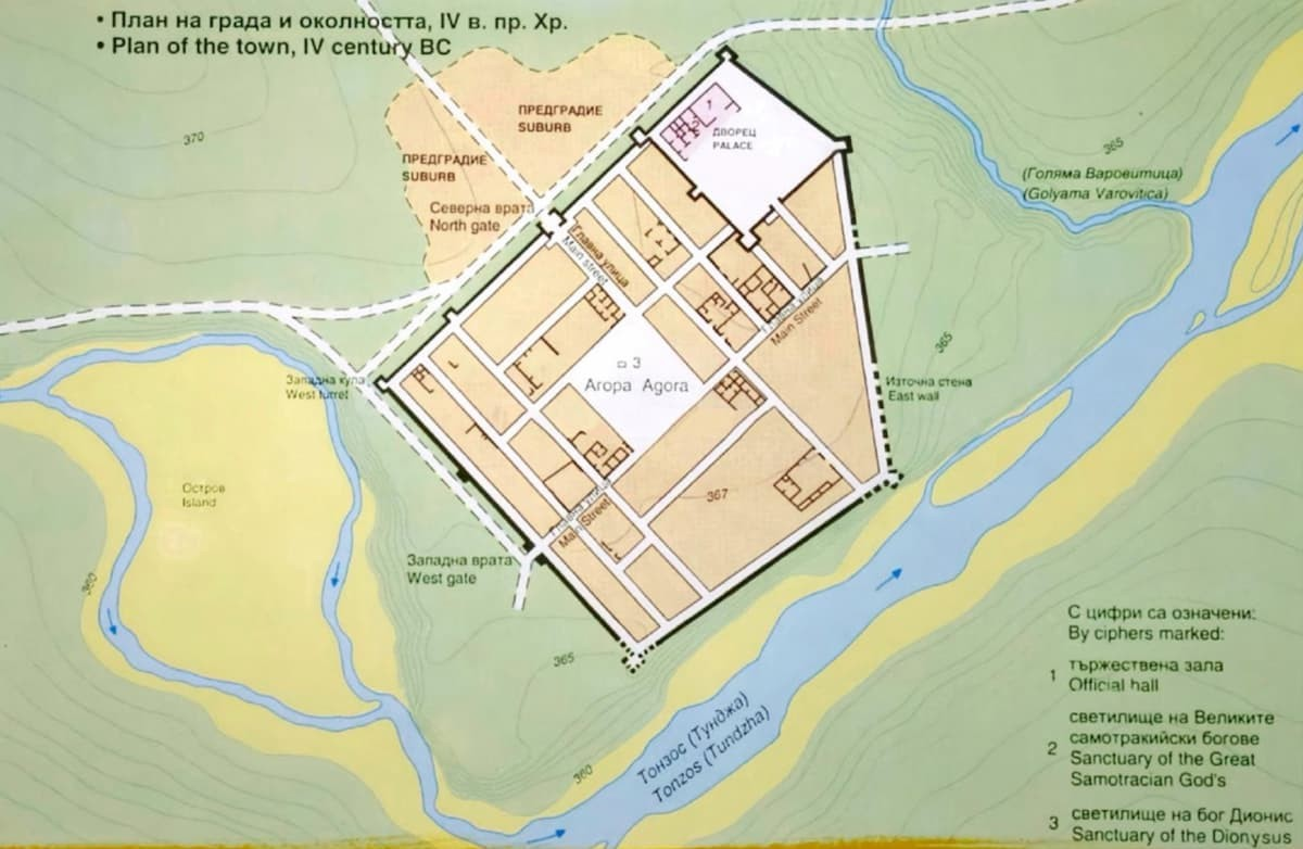 Κάτοψη της Σευθόπολης, που δείχνει το παλάτι και τον ναό των Μεγάλων Θεών της Σαμοθράκης. Πηγή: Jordan Iliev, Andrii Zelinskyi 2025 