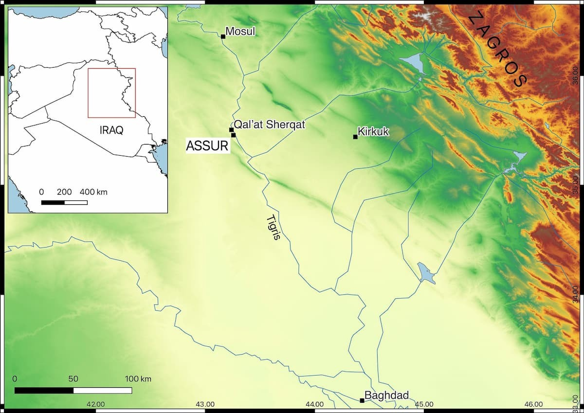 Η τοποθεσία της Ασσούρ (35.45 Β, 43.26 Α) στο βόρειο Ιράκ. Πηγή: M. Altaweel κ.ά. 2026 