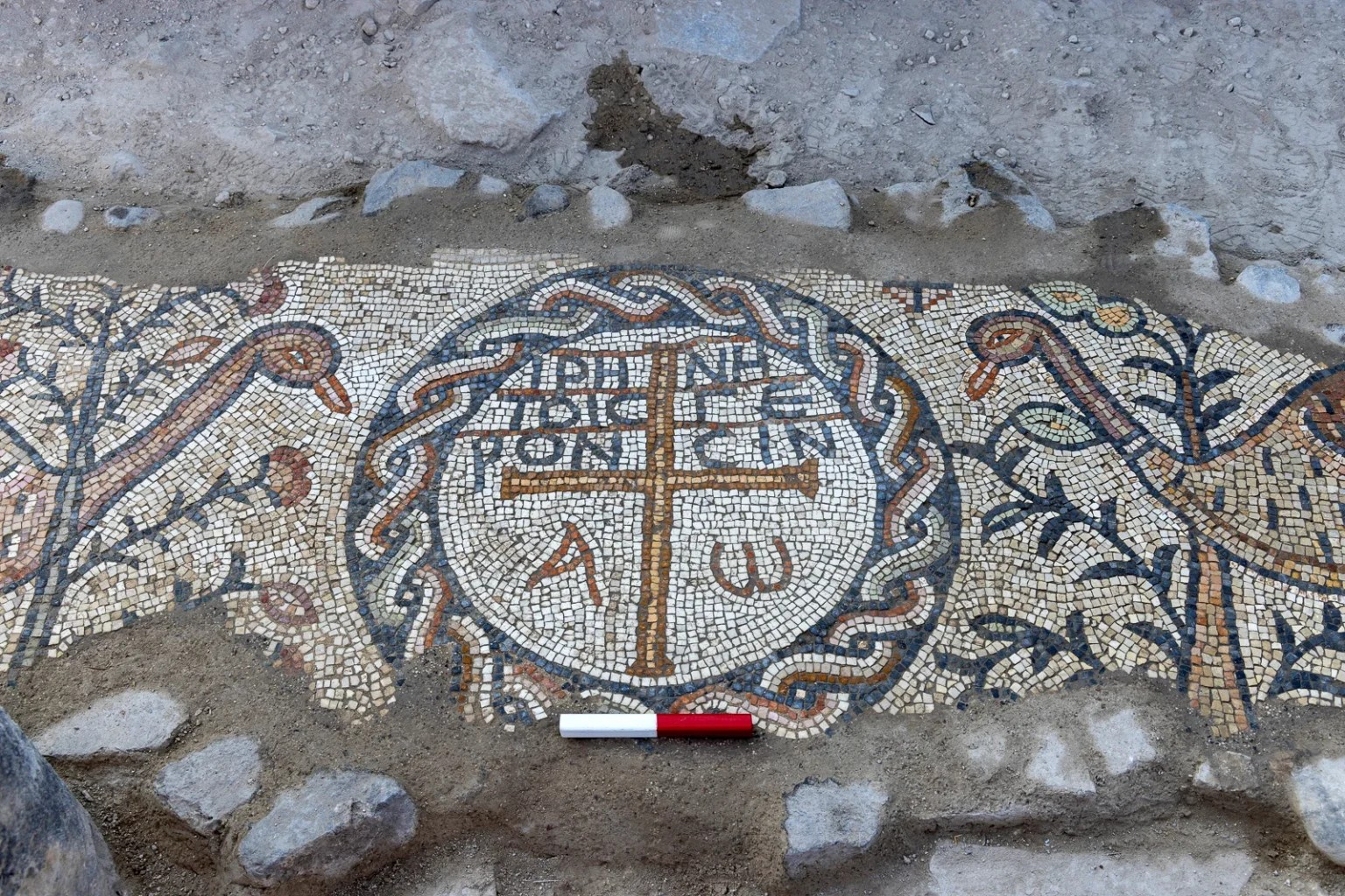 Ένα κοντινό πλάνο της επιγραφής «Εἰρήνη τοῖς πρεσβυτέροις» και πλαισιώνεται από αιγυπτιακές χήνες, το οποίο βρέθηκε στην τοποθεσία της Ίππου στο βόρειο Ισραήλ. Πιστωτική αναφορά: Δρ. Michael Eisenberg 