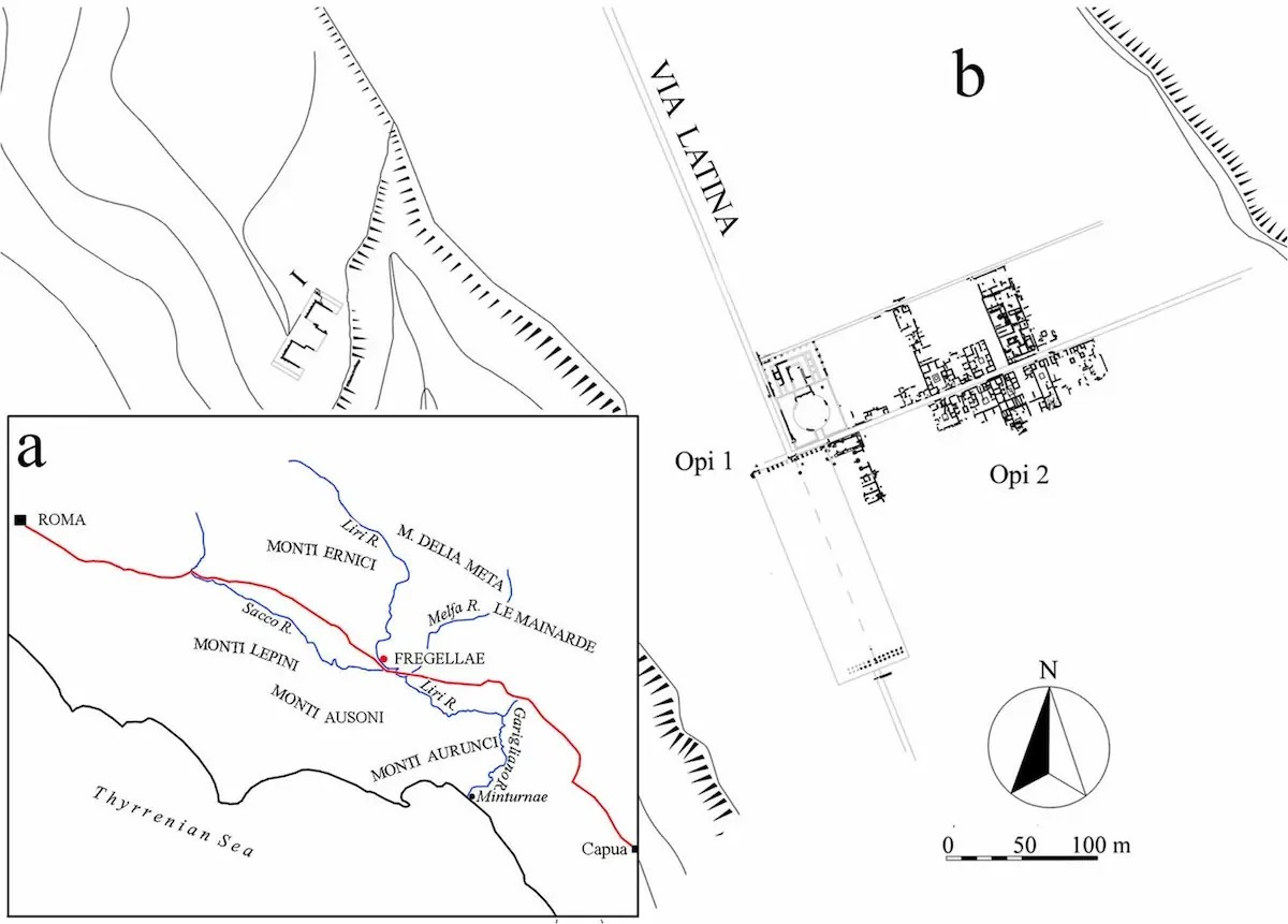 (α) Η τοποθεσία των Φρεγελλών (Fregellae) κοντά στην Αππία Οδό (σημειωμένη με κόκκινο) και κοντά στη συμβολή των ποταμών Σάκκο και Λίρι στο νότιο Λάτιο της Ιταλίας· (β) Η πόλη των Φρεγελλών κατά μήκος της Λατινικής Οδού (via Latina), με τις οικιστικές ζώνες Opi 1 και Opi 2. Πηγή: B. Borgers κ.ά. 2026.