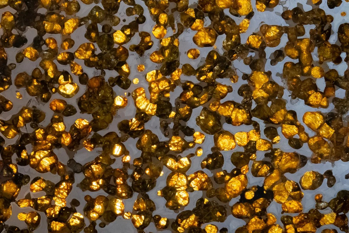 Στο εσωτερικό των μετεωριτών παλλασίτη που βρέθηκαν στην Κένυα, μελίχρωμος ολιβίνης βρίσκεται εγκλωβισμένος μέσα σε μια μάζα (μήτρα) σιδήρου-νικελίου - Πηγή εικόνας: Science Photo Library