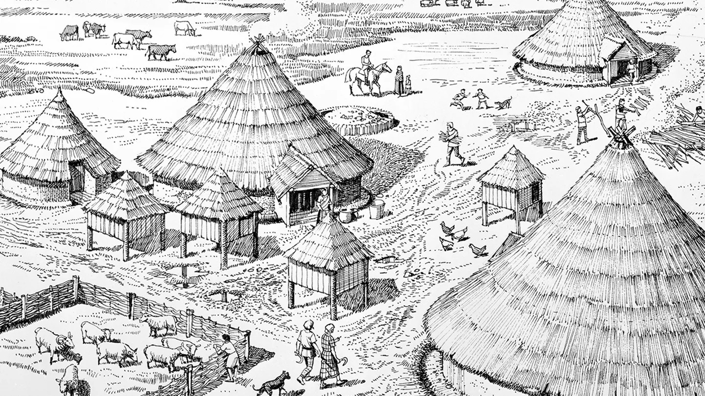 Εδώ απεικονίζεται μια αναπαράσταση της Βρετανίας κατά την Εποχή του Σιδήρου. Η περίοδος αυτή χρονολογείται χιλιάδες χρόνια πίσω, όταν οι κυκλικές κατοικίες (roundhouses) και οι εγκαταστάσεις μεταλλουργίας αποτελούσαν μέρος ενεργών, πυκνοκατοικημένων κοινοτήτων. (Museum of London/Heritage Images/Getty Images)