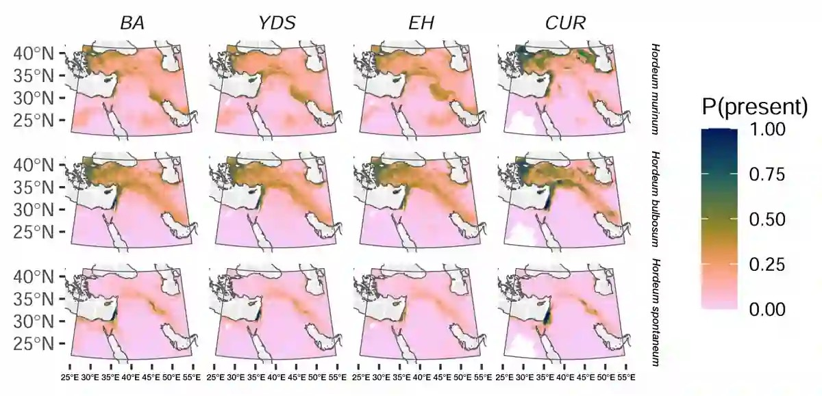 Προβλεπόμενη παλαιο-εξάπλωση του άγριου κριθαριού. Πηγή: Roe, J. και Arranz-Otaegui, A., 2026