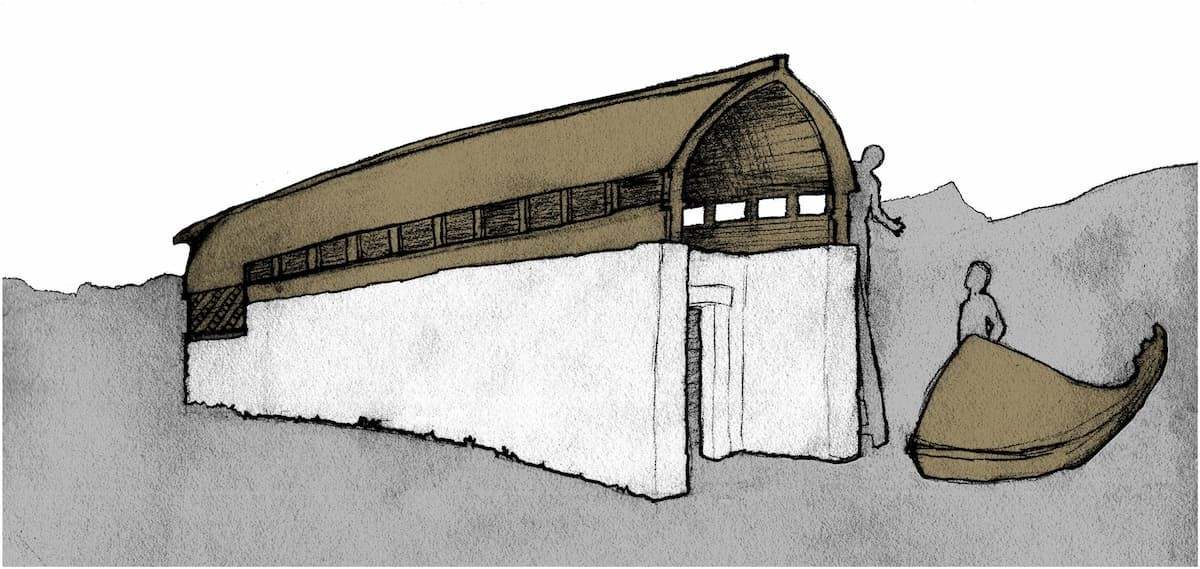 Υποθετική πεντηκόντορος στηριζόμενη σε τοίχους, με την πρύμνη της κομμένη. Πηγή: José M. Ciordia 2026