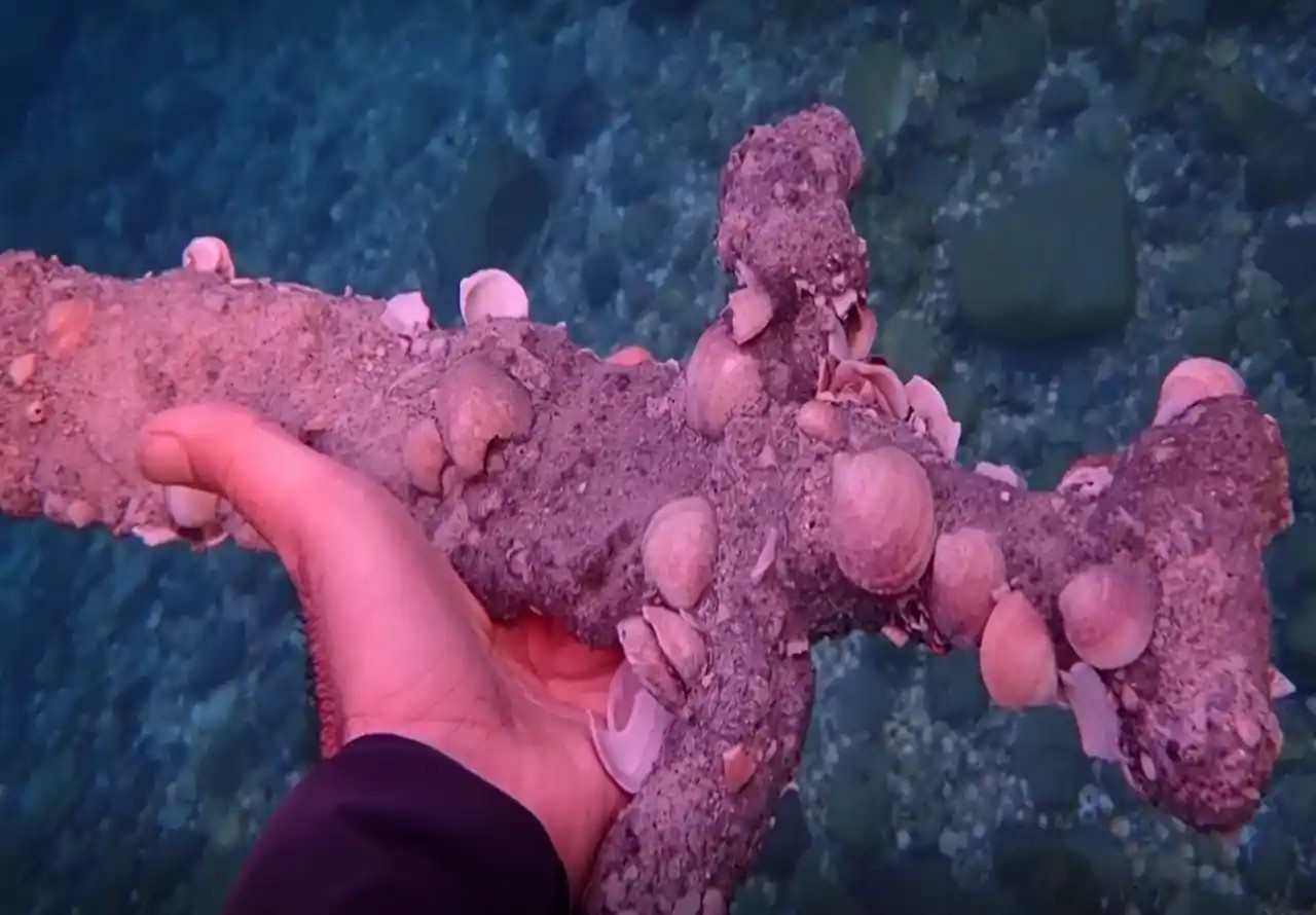 Το σπαθί τη στιγμή της ανάσυρσής του από τον βυθό της θάλασσας. Φωτογραφία: Shlomi Katzin 